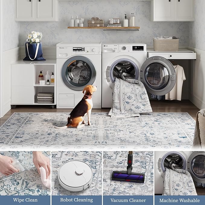 jinchan Lima Kitchen Runner Rug 3x7 - Vintage Floral Machine Washable Non-Slip Hallway Runner Rug with Rubber Backing Ultra-Thin Carpet for Bedroom Laundry Room Farmhouse (3x7ft, Blue)