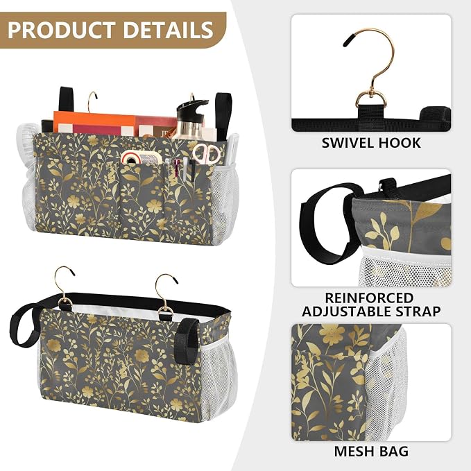 Gold Floral Gray Bedside Caddies Bedside Caddy Storage Bag - Image 5