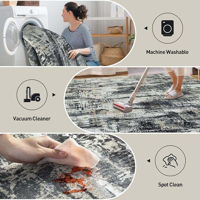 10x14 Area Rugs for Living Room: Washable Abstract Black Grey Gold Carpet | - Image 4