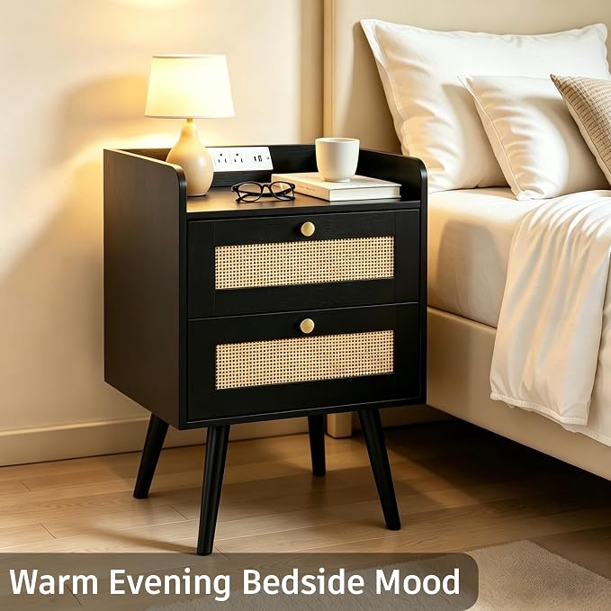 Rattan Nightstands Set of 2, Boho Bedside Table - Image 3