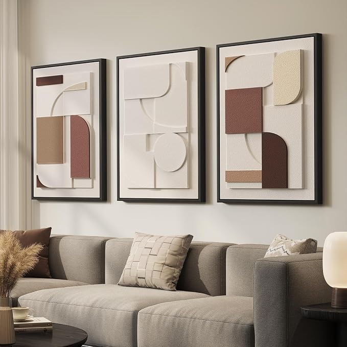 Large 3D Textured Framed Neutral Abstract Wall Art, 3 Piece Modern Minimalist by Cuspin