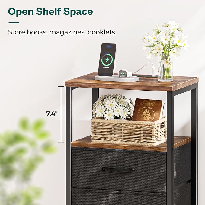Huuger Nightstand with Charging Station, Side Table with Fabric Drawers - Image 7
