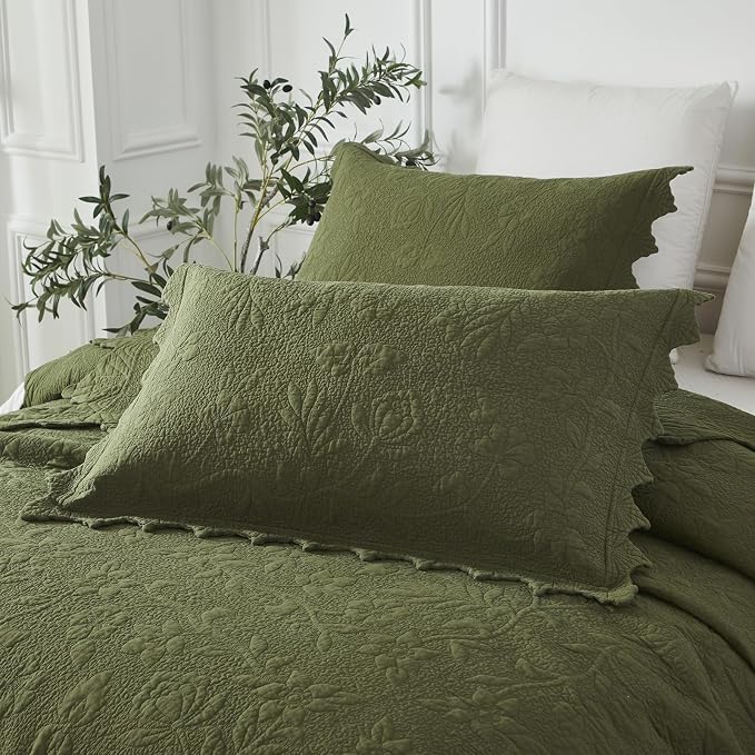 Brandream Olive Green Floral Vine Cotton Quilt Set King Size Luxury Scalloped - Image 9