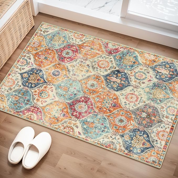 Lahome Moroccan Trellis Washable Rug, 2x3 Kitchen Rugs for Entryway Bathroom, Non-Slip Indoor Door Mat Ultra-Thin, Small Oriental Throw Carpet for Bedroom Entry, Cream/Multi
