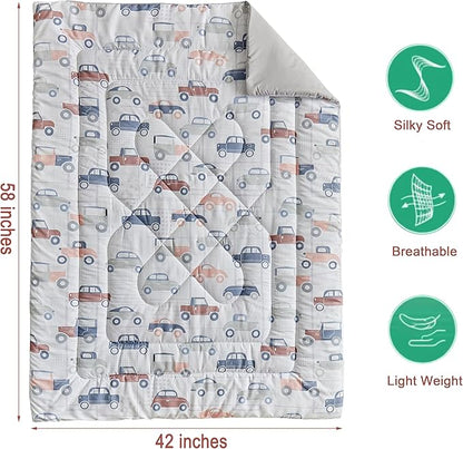 JHXHMX Car Toddler Bedding Set for Boys,4 Piece Bed-in-a-Bag Toddler Comforter Set,Soft Crib Bed Set Including Comforter,Flat Sheet,Fitted Sheet and Pillowcase-Gray