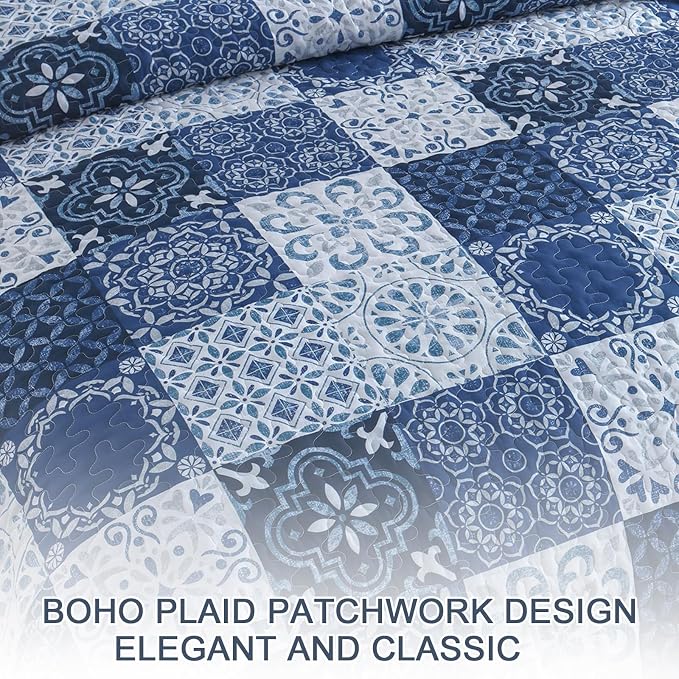 Dobuyly Quilt Set King Boho Plaid Patchwork Bedspreads Coverlet, Lightweight - Image 5