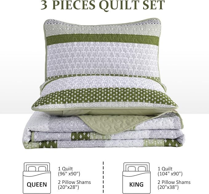 WONGS BEDDING Quilt Queen Size Olive Green, Bohemian Stripe Bedspread | 3 - Image 7