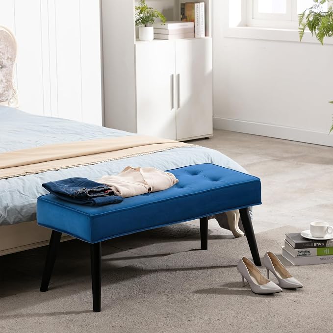 LOULENS Entryway Bench, Dark Blue | Wood Legs, Button Tufted, Upholstered Bench - Image 2