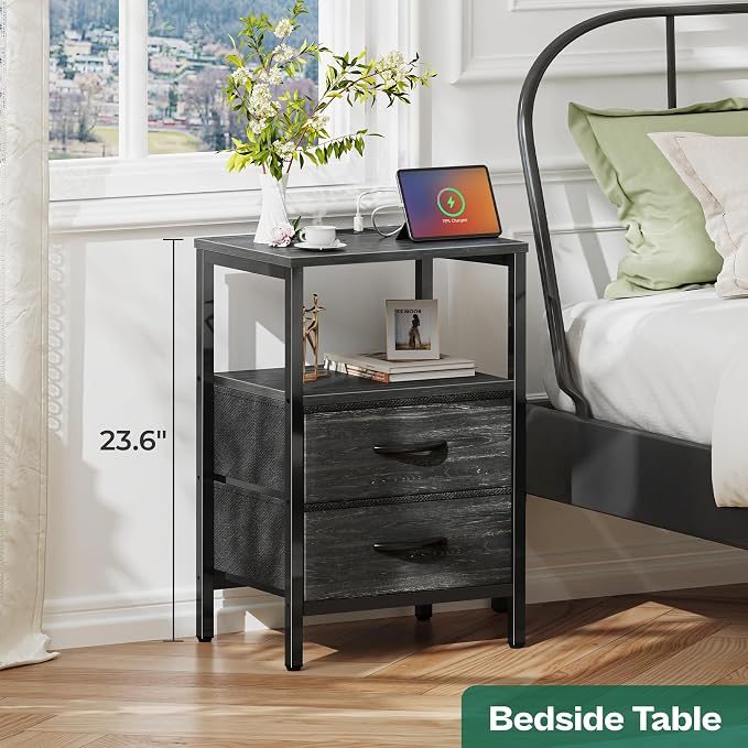 Huuger Nightstand with Charging Station, Side Table with Fabric Drawers | - Image 2