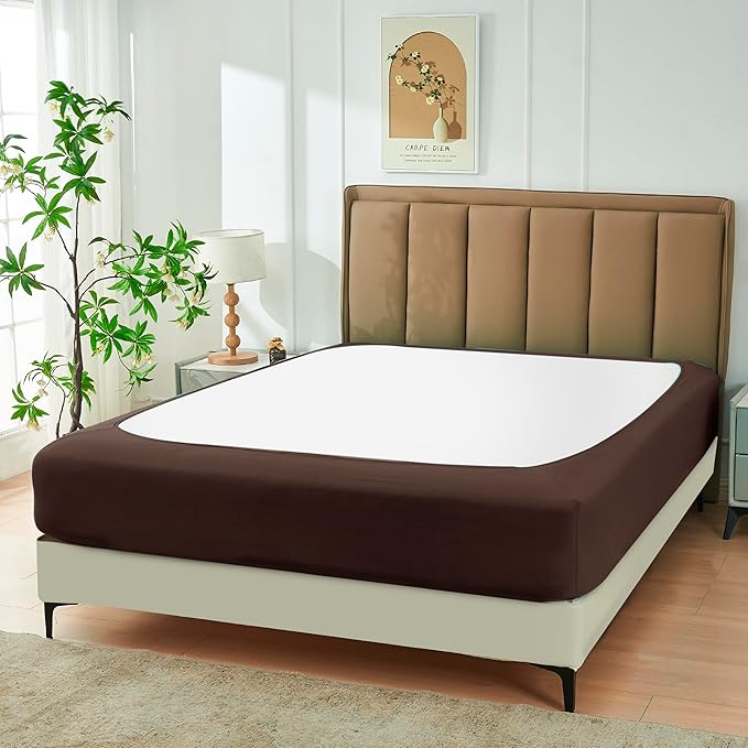 Biscaynebay Decorative Box Spring Cover Full & Full XL Size, Brown Jersey Luxurious Jersey Knitting Stretchy Wrap Around 4 Sides Bed Skirt for Home/Hotels, Easy Fit Wrinkle Free Machine Washable