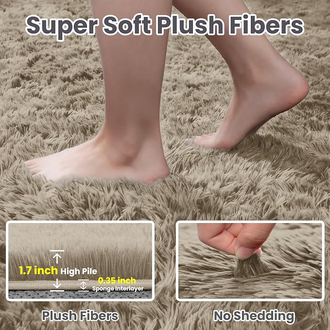 4x6 Fluffy Shag Area Rugs for Living Room Bedroom: Soft Carpet Gray Camel | - Image 5