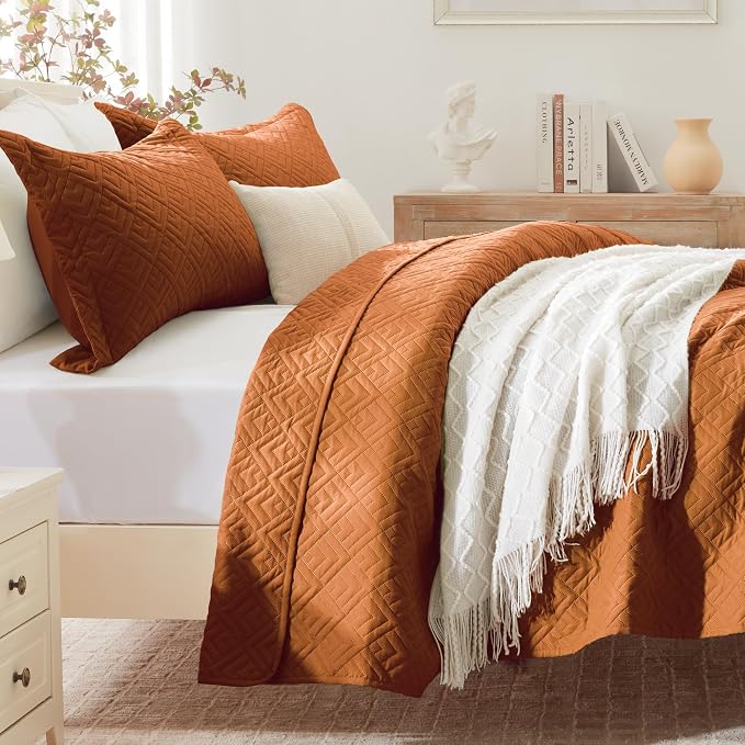 EXQ Home Quilt Set Queen Size Summer Squares Pattern Umber Bedspread | Bedding - Image 2