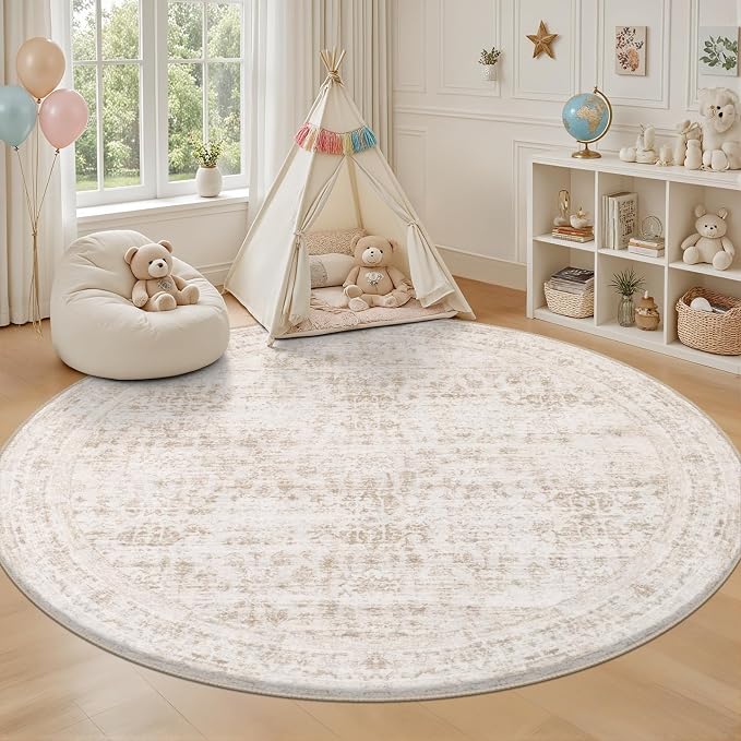 Round Area Rug for Living Room: 8ft Boho Washable Rug Beige Brown | Vintage - Image 5