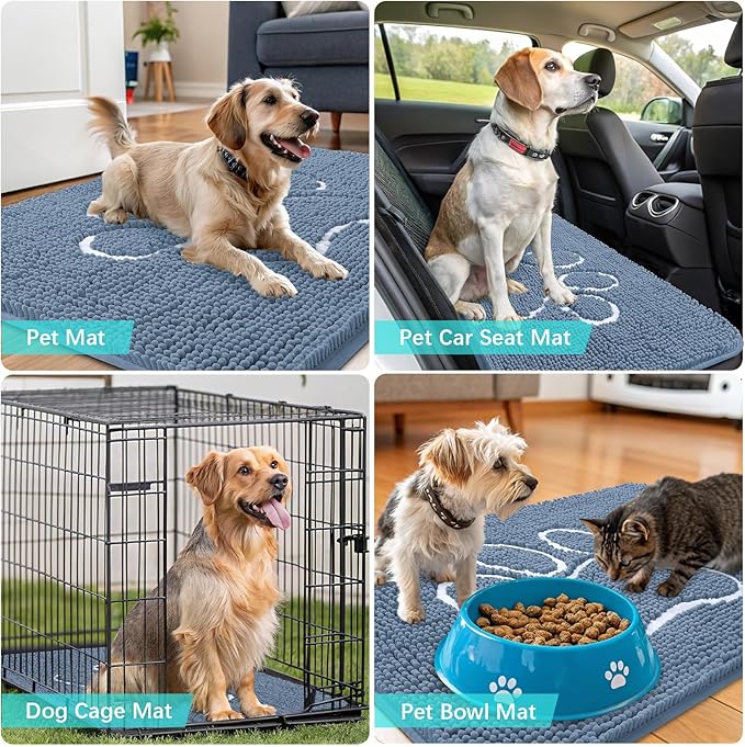 OLANLY Dog Door Mat for Muddy Paws 35x24, Paw Print Design, Absorbs Moisture and Dirt, Non-Slip Washable Doormat, Quick Dry Chenille Mud Mat, Entry Indoor Entryway Carpet, Airy Blue and White