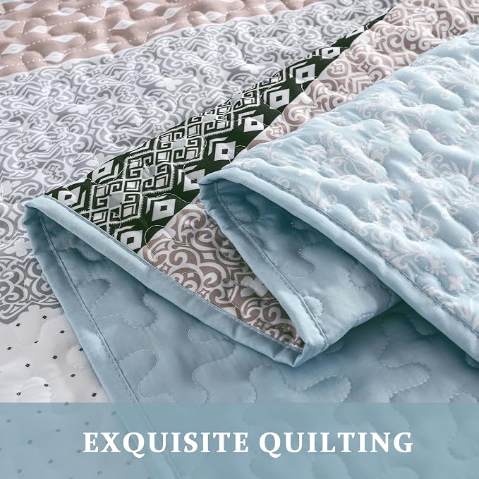 WONGS BEDDING Boho Quilt Queen Size, Patchwork Bedding Set, 3 Pieces Plaid - Image 7
