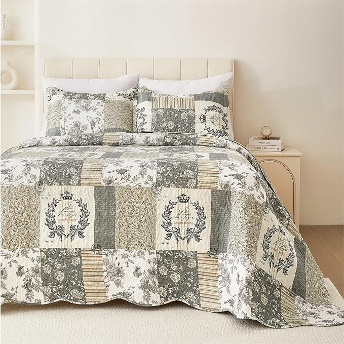 Cmfshape Floral Quilt King, 3 Piece Bird Pattern Bedspread Set, Country Quilted - Image 2