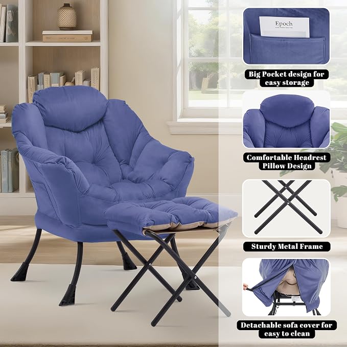 Lazy Chair with Ottoman, Comfy Reading Chair, Dark Blue | Cushioned Seat with - Image 6
