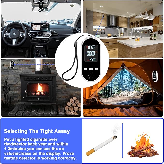 Vzmcov Portable Carbon Monoxide Detector Mini air Quality Monitor with Lanyard Alarm, CO Gas/Humidity Sensor/Indoor/Outdoor Thermometer, Battery Powered LED Screen