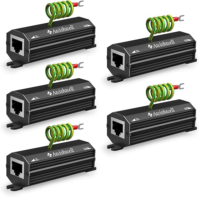Awishwell Ethernet Surge Protector Gigabit, 10 Pack PoE++ RJ45 Surge Protector 1000Mbps, 20KA Metal Shielded Lightning Arrestor LAN Network CAT5/CAT6 Thunder Arrestor-Mounting Flange
