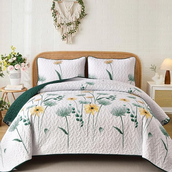 Dinjoy Green Quilt Set King Size, Boho Floral Bedspreads, Autumn Bedding | Fall by DINJOY