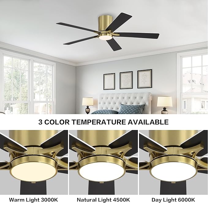WINGBO 48" DC Flush Mount Ceiling Fan with Lights, 6-Speed Reversible DC Motor, 3CCT, Low Profile Hugger Ceiling Fan for Living Room Bedroom Kitchen, Brass Finish and Black/White Blades
