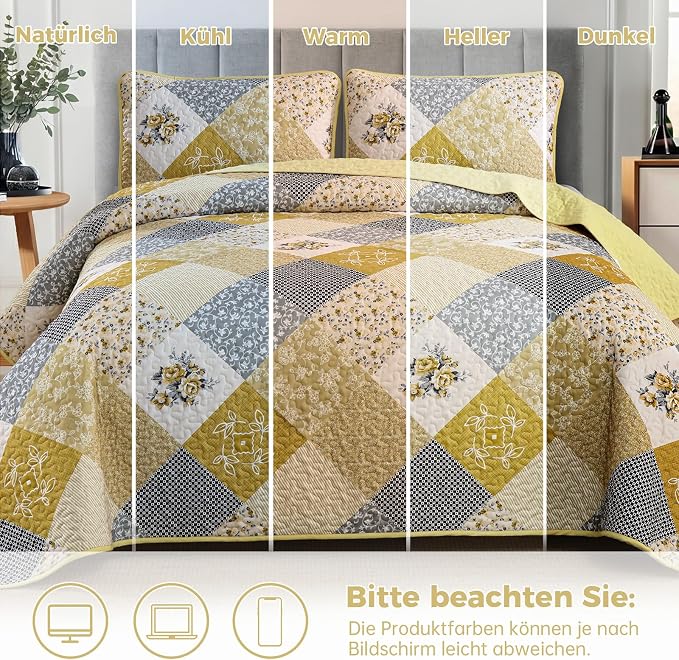 Dinjoy Boho King Quilt Set, 3-Piece Reversible Soft Plaid Floral Bedding Set - Image 7