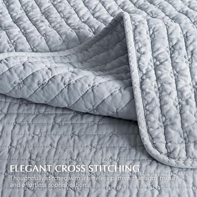 100% Cotton Cross Stitch 3-Piece Quilt Set, Powder Blue | 100% Cotton, Elegant - Image 3