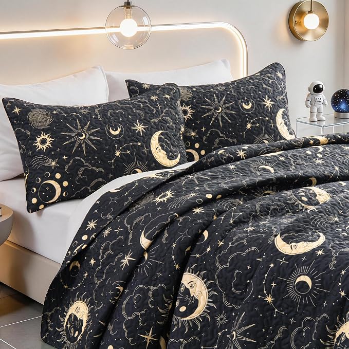 EXQ Home Quilt Set Full Queen Size Black Print Black Sun Starry Pattern | - Image 2
