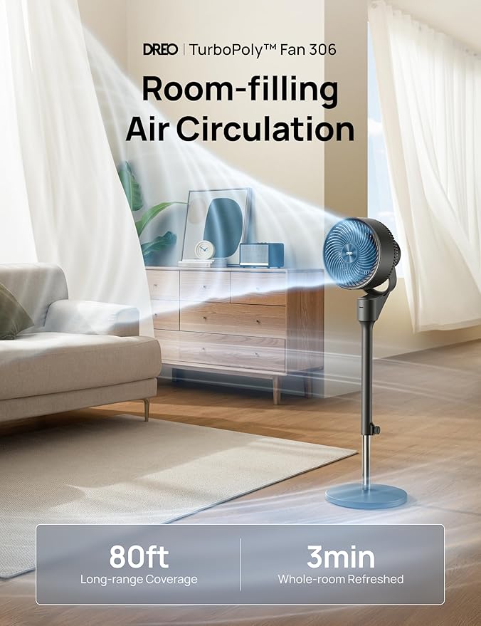 Dreo Fan for Bedroom, 80° Oscillating Standing Fan, 25dB Quiet, 80ft Pedestal Fans for Home Office, 90° Manual Vertical, 3 Speeds, Remote, 34-41" Adjustable Height, Air Circulator