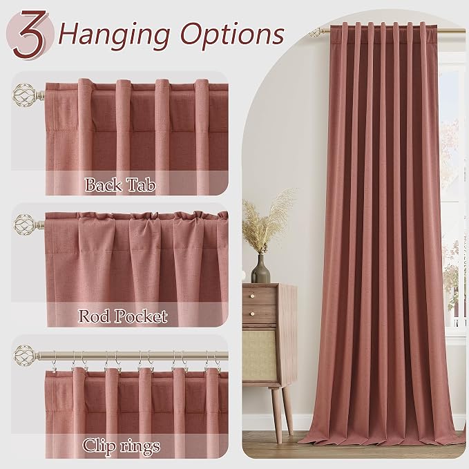 Dusty Rose 100% Blackout Linen Curtains 108 Inch Length 2 Panels Set - Image 6