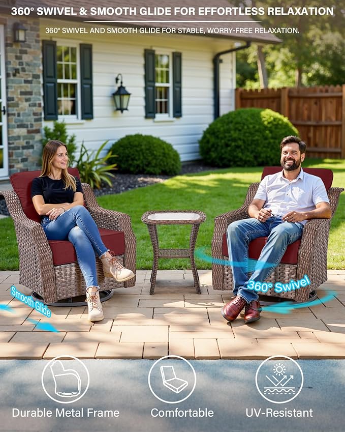 Belord Luxury Wicker Patio Furniture Set with 41” Fire Pit Table - Swivel Rocker Glider Outdoor Chairs with Sofa and Glass Top Side Table, All-Weather Removable 6" Red Seat Cushion for Patio Evenings