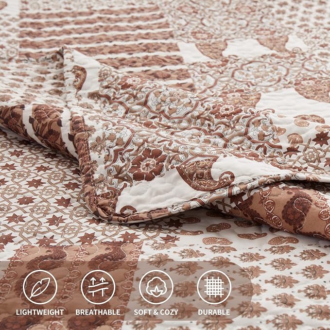 Quilt Set - Full/Queen Size Brown Paisley Patchwork 3 Piece Bedding Set - Image 6