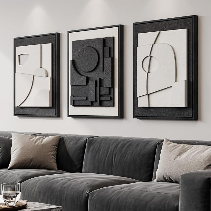 Large 3D Textured Framed Black and White Abstract Wall Art, 3 Piece Modern Wall - Image 2