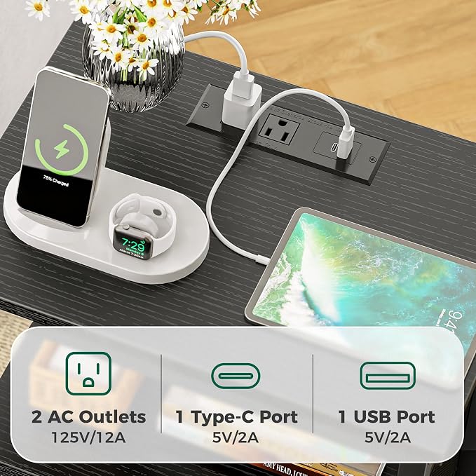 Huuger Nightstand with Charging Station, Side Table with Fabric Drawers | End - Image 4