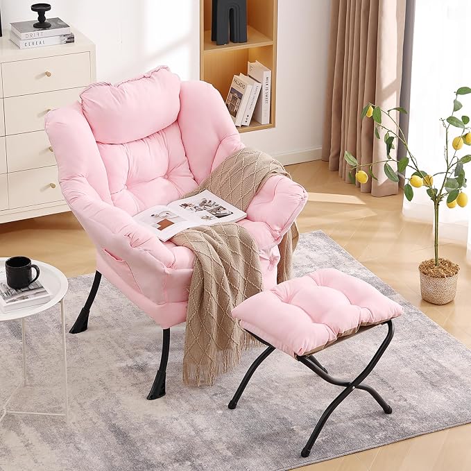Lazy Chair with Ottoman, Comfy Accent Reading Chair, Removable Cover, with - Image 8