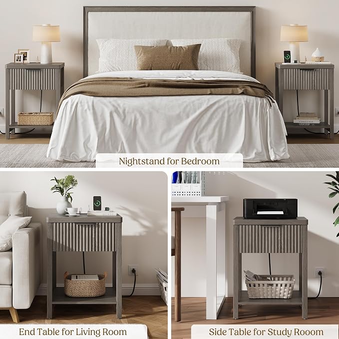 Night Stand Set 2, Fluted Wood Nightstands w/Charging Station - Image 8