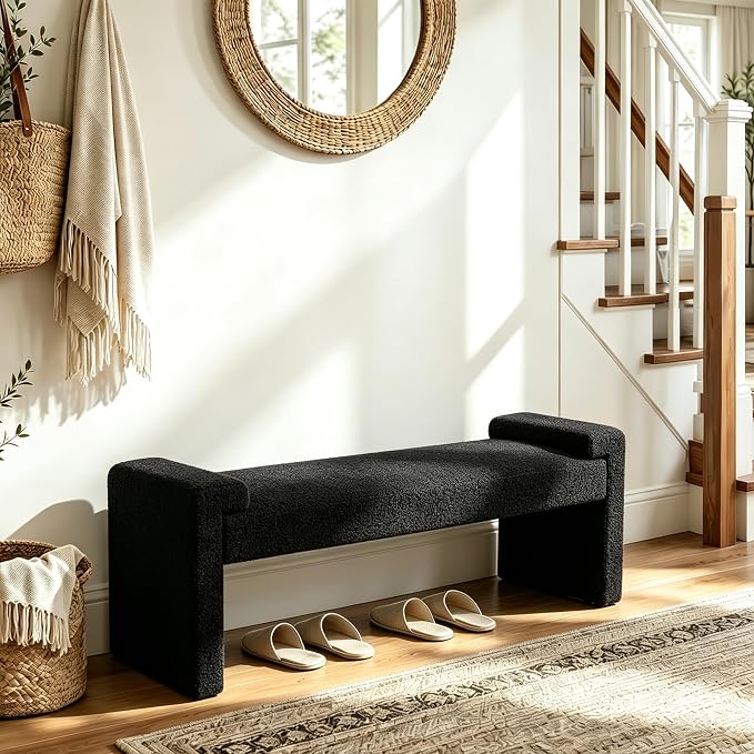 Upholstered Entryway Bench, 58.7" Modern Bedroom Bench, Curved Armrests - Image 3