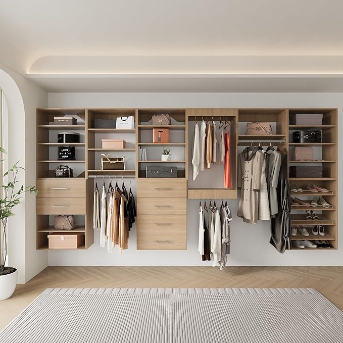 Double Hanging Closet Unit, Modular System Organizer With Storage for Walk In Closets, Clothing Rack Wardrobe for Hanging Clothes, Bedroom, Wood, 28.5"W