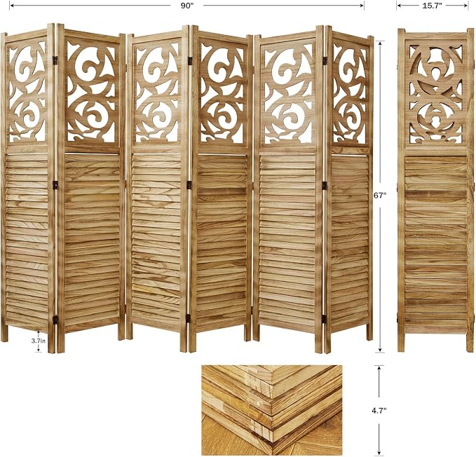 Svimi Folding Room Divider, 5.6Ft 6 Panels Wood Carved Privacy Screens - Image 5