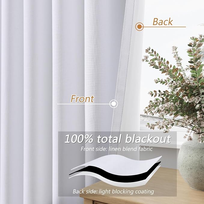 White 100% Blackout Linen Curtains 52 Inch Wide by 140 Inch - Image 4