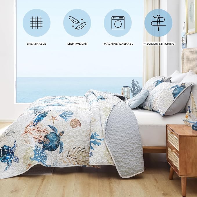 weigelia Coastal Quilt Twin Size, Sea Turtle Lightweight Summer Bedding | Sea - Image 4