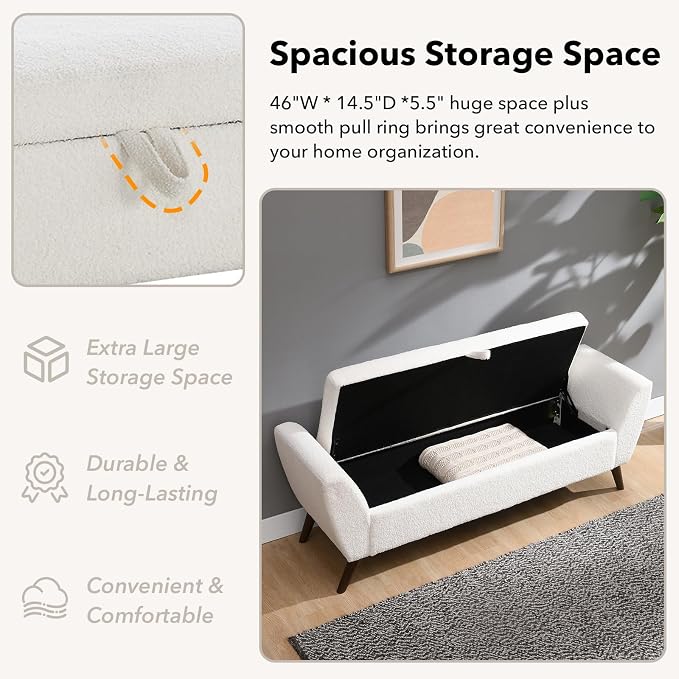 60" Wide Storage Ottoman Bench, Teddy Upholstered End of Bed Bench - Image 5