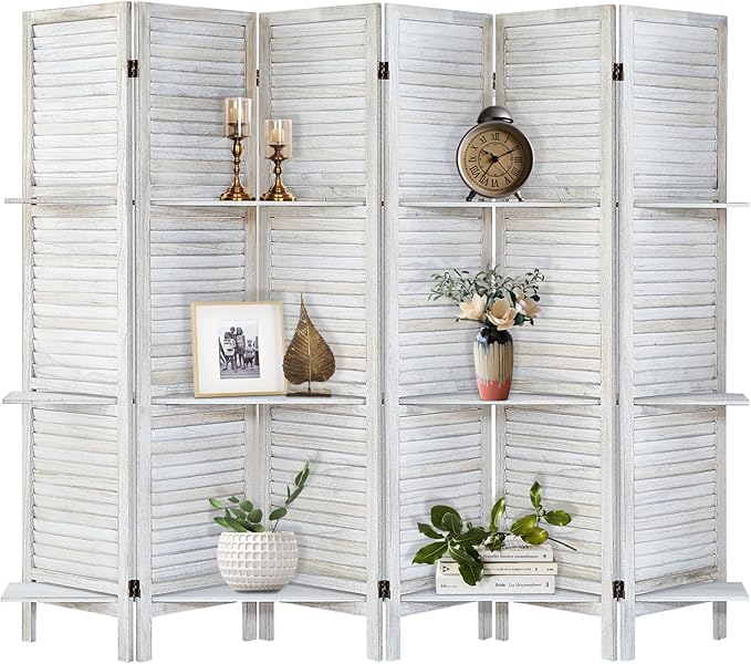 Room Divider with Shelves, 6 Panel Distressed White | Partition Room Dividers by AMBITION+LAND
