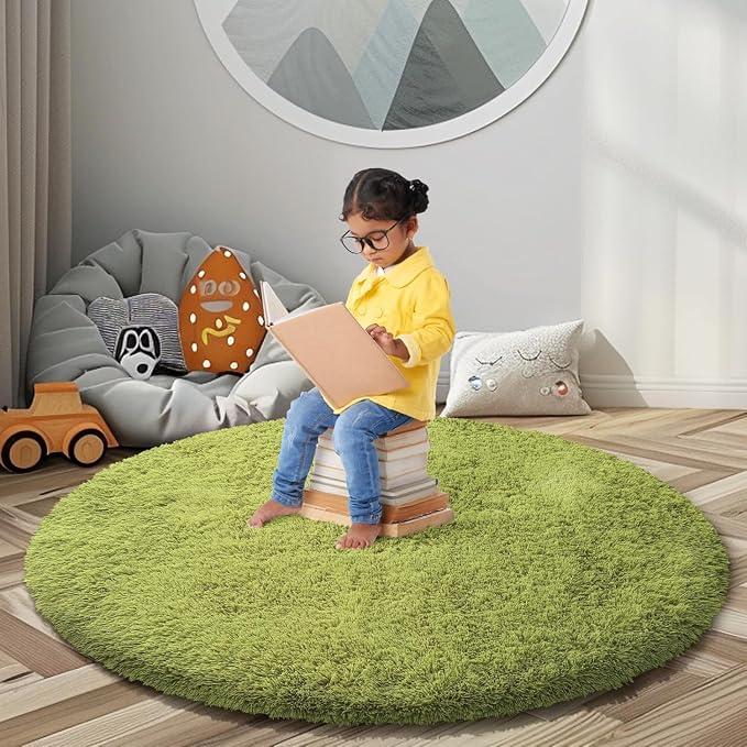 Grass Green Round Shag Area Rug by Junhejiamei