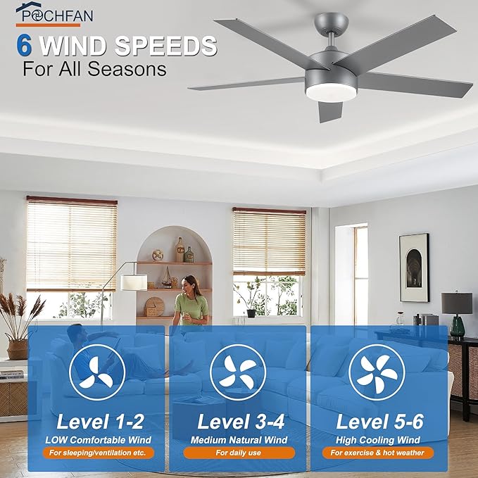POCHFAN 52 inch Ceiling Fans with Lights and Remote Control Silver, Modern Ceiling Fan Dimmable 3 CCT Temperatures 6-Speed, Quiet LED Ceiling Fan for Bedroom, Living Room