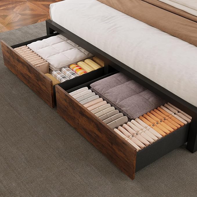 Farmhouse Full Bed Frame with Bookcase Storage Headboard, Charging Station, LED Light and 2 Storage Drawers, Noise Free, No Box Spring Needed, Brown