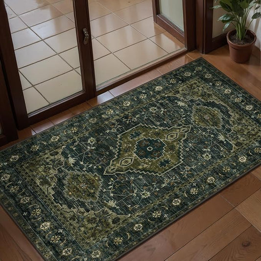 2x4 Washable Kitchen Rug Oriental Non Slip Small Rug for Entryway Vintage Front Door Mat Indoor Entrance, Print Throw Rugs Olive Green, Soft Low Pile Rugs Small Carpet for Entry Bedroom Bathroom