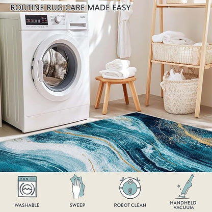 2x3 Abstract Entryway Area Rug Blue White Golden Bathroom Rug Non Slip Machine Washable Low Pile Small Carpet Kitchen Bedroom Door Mat Entrance