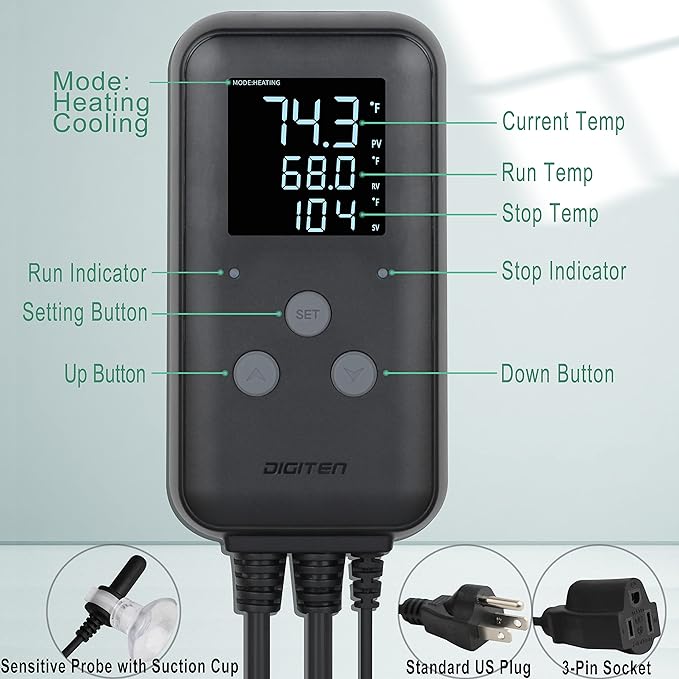 DIGITEN Waterproof Digital Temperature Controller for Aquarium, Greenhouse & Outdoor Heating - 10A Heat Mat Thermostat Controller