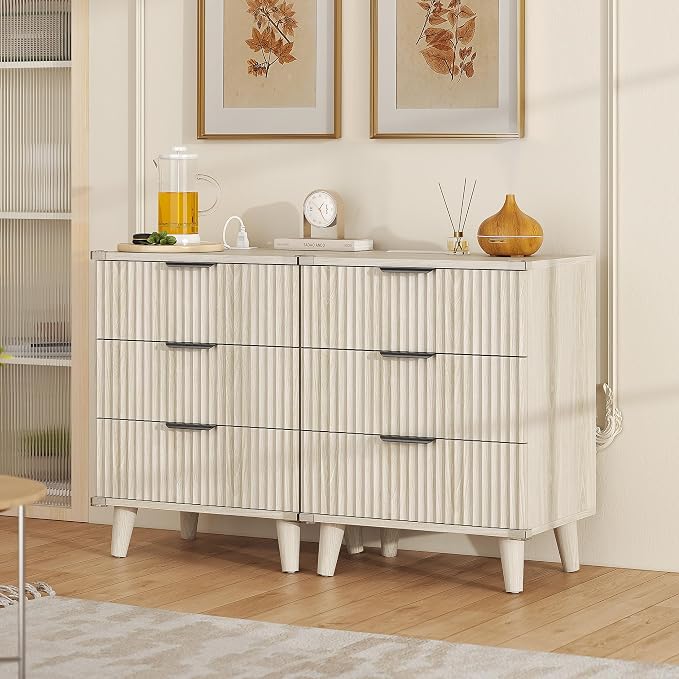 Wood Bedside Table w/Charging Station, 3 Drawers Fluted Dresser | Grey White - Image 2